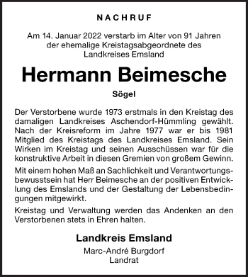 Traueranzeige von Hermann Beimesche von Neue Osnabrücker Zeitung GmbH & Co. KG