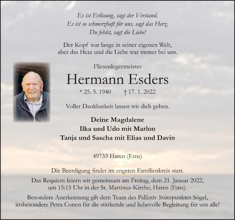  Traueranzeige für Hermann Esders vom 19.01.2022 aus Neue Osnabrücker Zeitung GmbH & Co. KG