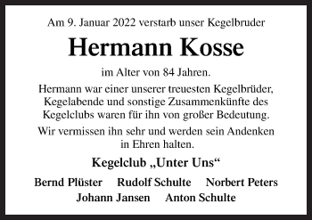Traueranzeige von Hermann Kosse von Neue Osnabrücker Zeitung GmbH & Co. KG