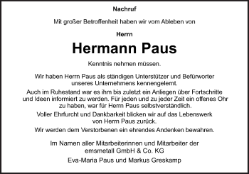 Traueranzeige von Hermann Paus von Neue Osnabrücker Zeitung GmbH & Co. KG