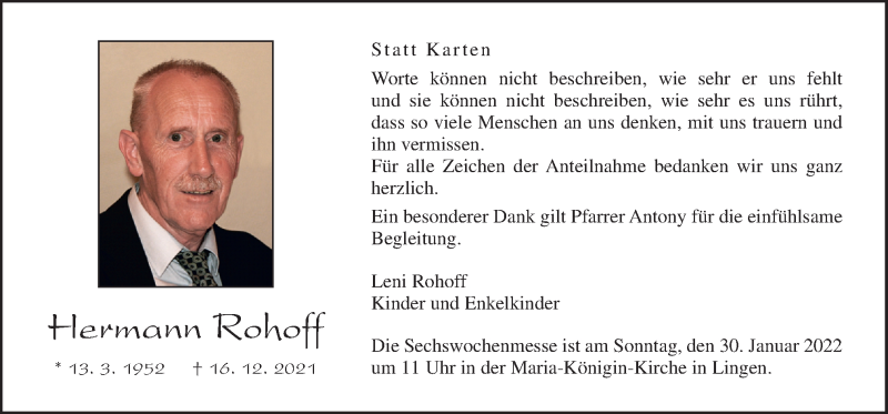  Traueranzeige für Hermann Rohoff vom 22.01.2022 aus Neue Osnabrücker Zeitung GmbH & Co. KG