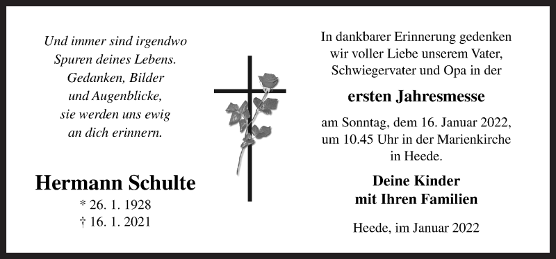  Traueranzeige für Hermann Schulte vom 15.01.2022 aus Neue Osnabrücker Zeitung GmbH & Co. KG