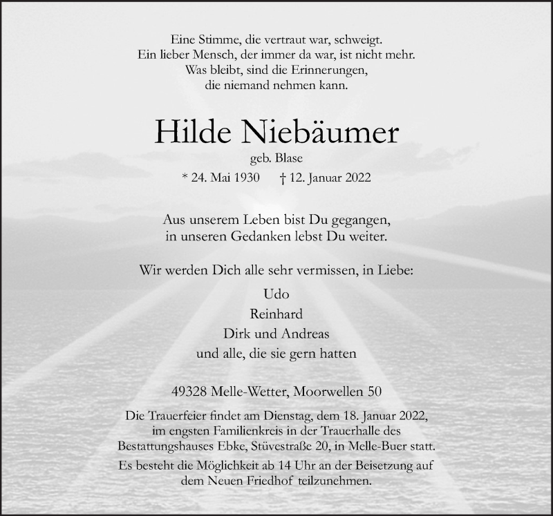  Traueranzeige für Hilde Niebäumer vom 14.01.2022 aus Neue Osnabrücker Zeitung GmbH & Co. KG