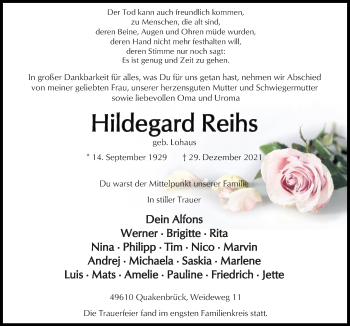 Traueranzeige von Hildegard Reihs von Neue Osnabrücker Zeitung GmbH & Co. KG