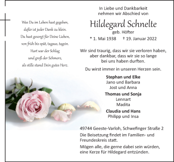 Traueranzeige von Hildegard Schnelte von Neue Osnabrücker Zeitung GmbH & Co. KG