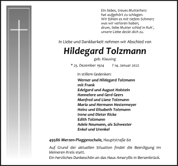 Traueranzeige von Hildegard Tolzmann von Neue Osnabrücker Zeitung GmbH & Co. KG