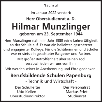 Traueranzeige von Hilmar Munzlinger von Neue Osnabrücker Zeitung GmbH & Co. KG