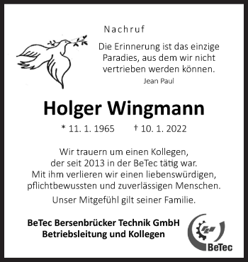 Traueranzeige von Holger Wingmann von Neue Osnabrücker Zeitung GmbH & Co. KG