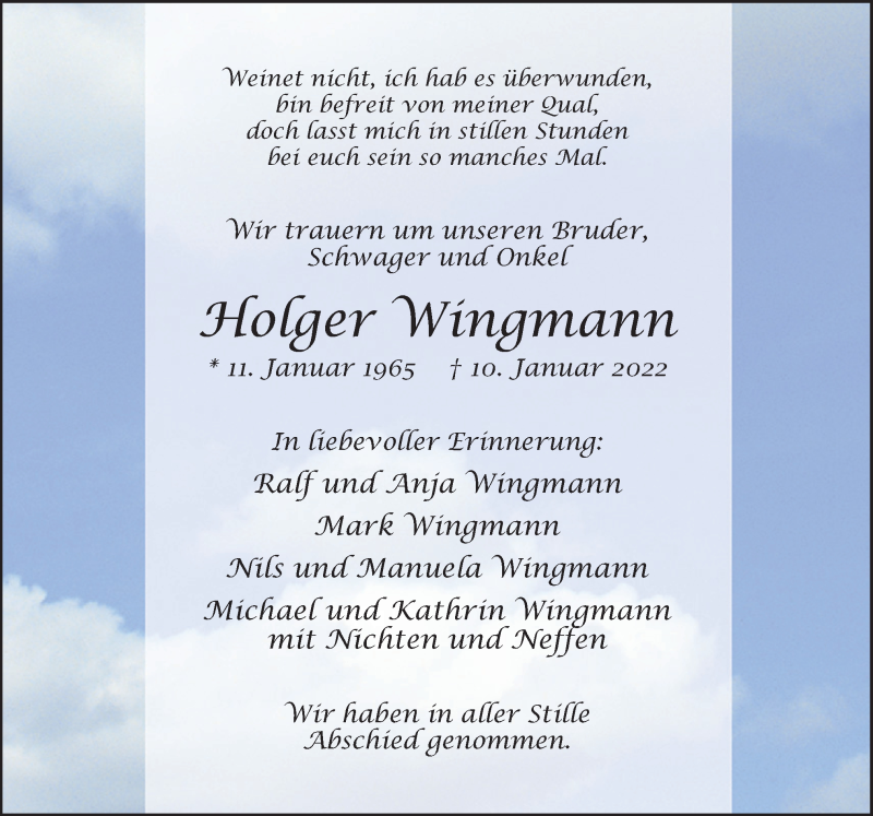  Traueranzeige für Holger Wingmann vom 22.01.2022 aus Neue Osnabrücker Zeitung GmbH & Co. KG
