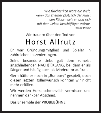 Traueranzeige von Horst Allrutz von Neue Osnabrücker Zeitung GmbH & Co. KG