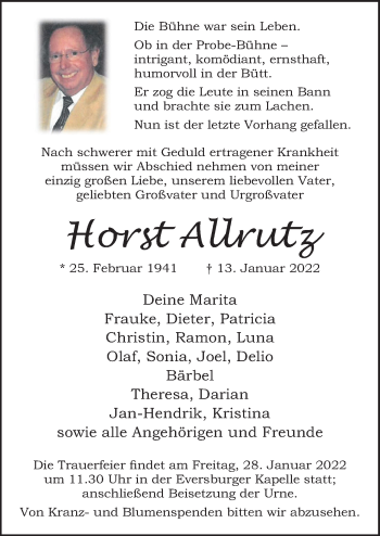 Traueranzeige von Horst Allrutz von Neue Osnabrücker Zeitung GmbH & Co. KG