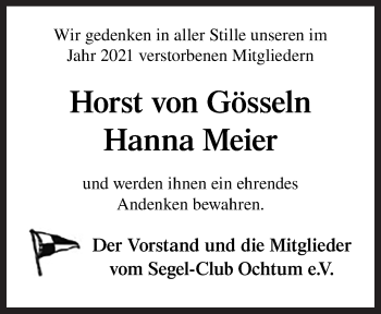Traueranzeige von Horst von Gösseln von Neue Osnabrücker Zeitung GmbH & Co. KG