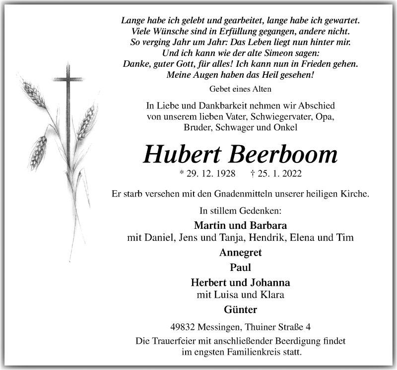  Traueranzeige für Hubert Beerboom vom 27.01.2022 aus Neue Osnabrücker Zeitung GmbH & Co. KG