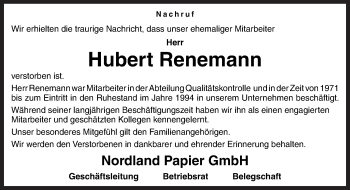 Traueranzeige von Hubert Renemann von Neue Osnabrücker Zeitung GmbH & Co. KG