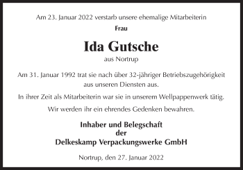 Traueranzeige von Ida Gutsche von Neue Osnabrücker Zeitung GmbH & Co. KG