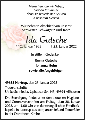 Traueranzeige von Ida Gutsche von Neue Osnabrücker Zeitung GmbH & Co. KG