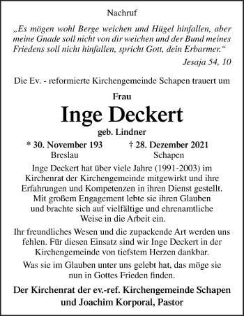 Traueranzeige von Inge Deckert von Neue Osnabrücker Zeitung GmbH & Co. KG