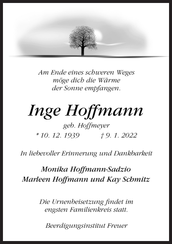 Traueranzeige von Inge Hoffmann von Neue Osnabrücker Zeitung GmbH & Co. KG