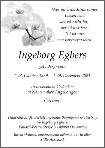 Traueranzeige von Ingeborg Egbers von Neue Osnabrücker Zeitung GmbH & Co. KG