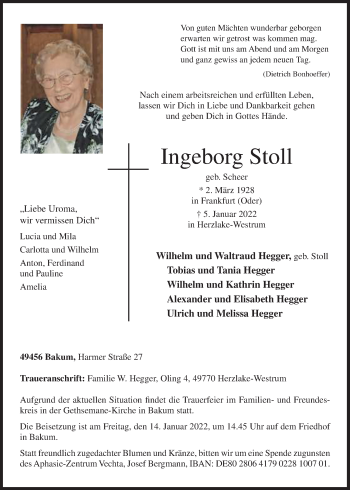 Traueranzeige von Ingeborg Stoll von Neue Osnabrücker Zeitung GmbH & Co. KG