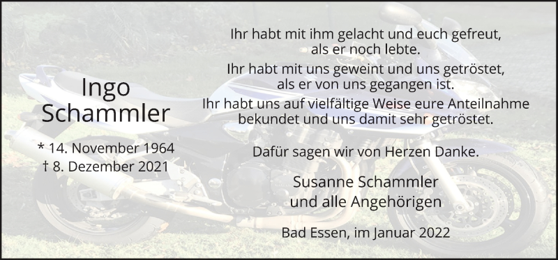  Traueranzeige für Ingo Schammler vom 29.01.2022 aus Neue Osnabrücker Zeitung GmbH & Co. KG