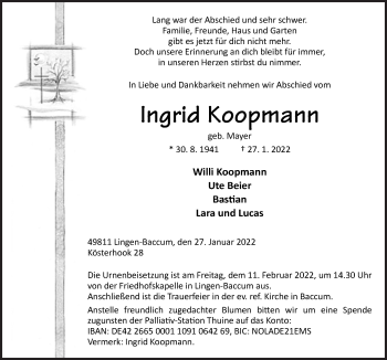 Traueranzeige von Ingrid Koopmann von Neue Osnabrücker Zeitung GmbH & Co. KG