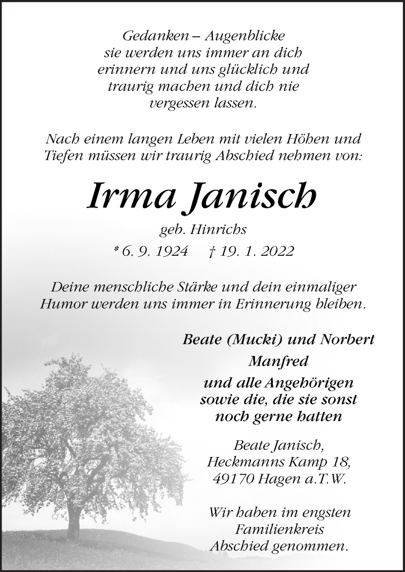  Traueranzeige für Irma Janisch vom 29.01.2022 aus Neue Osnabrücker Zeitung GmbH & Co. KG
