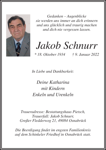 Traueranzeige von Jakob Schnurr von Neue Osnabrücker Zeitung GmbH & Co. KG