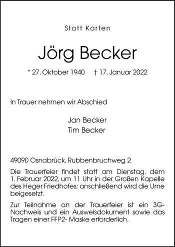 Traueranzeige von Jörg Becker von Neue Osnabrücker Zeitung GmbH & Co. KG