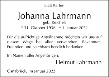 Traueranzeige von Johanna Lahrmann von Neue Osnabrücker Zeitung GmbH & Co. KG