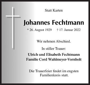 Traueranzeige von Johannes Fechtmann von Neue Osnabrücker Zeitung GmbH & Co. KG