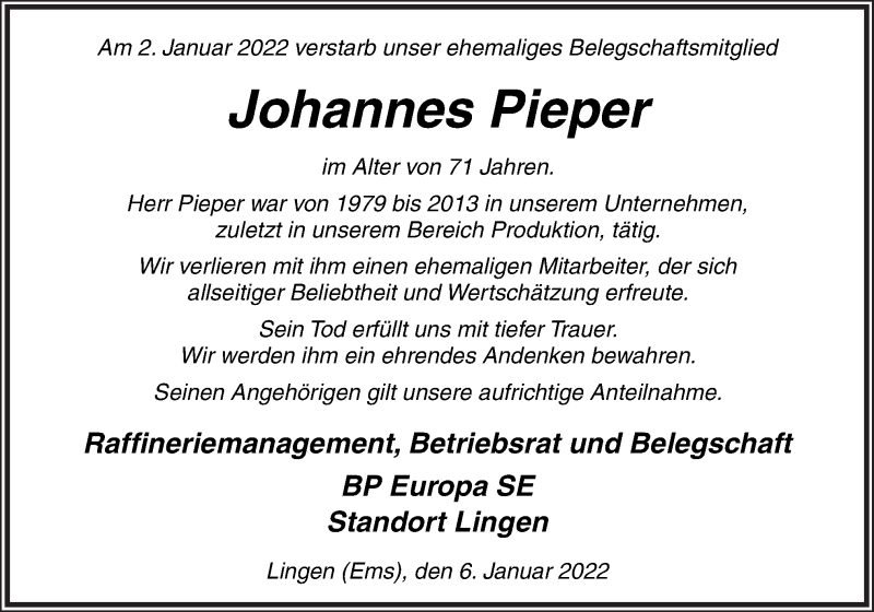  Traueranzeige für Johannes Pieper vom 06.01.2022 aus Neue Osnabrücker Zeitung GmbH & Co. KG