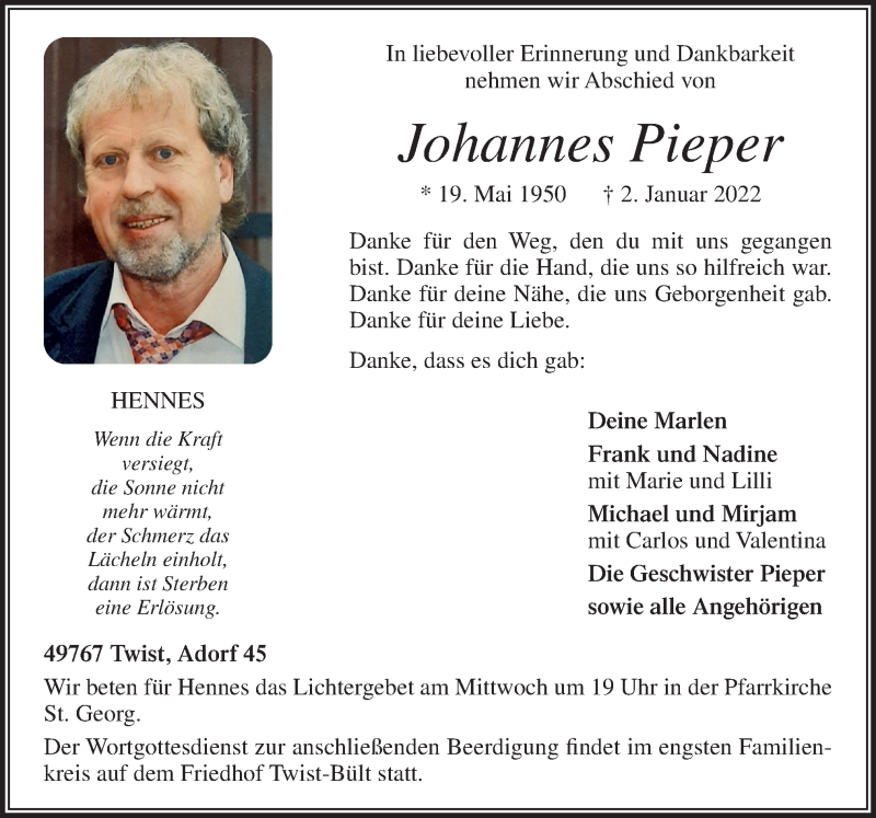  Traueranzeige für Johannes Pieper vom 04.01.2022 aus Neue Osnabrücker Zeitung GmbH & Co. KG