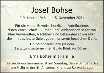 Traueranzeige von Josef Bohse von Neue Osnabrücker Zeitung GmbH & Co. KG