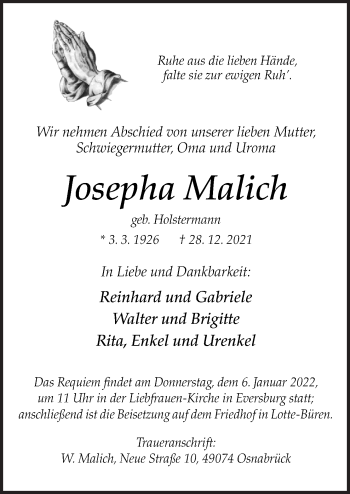 Traueranzeige von Josepha Malich von Neue Osnabrücker Zeitung GmbH & Co. KG