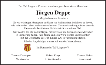 Traueranzeige von Jürgen Deppe von Neue Osnabrücker Zeitung GmbH & Co. KG