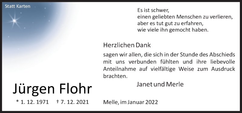  Traueranzeige für Jürgen Flohr vom 15.01.2022 aus Neue Osnabrücker Zeitung GmbH & Co. KG