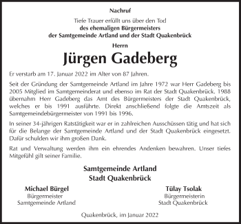 Traueranzeige von Jürgen Gadeberg von Neue Osnabrücker Zeitung GmbH & Co. KG