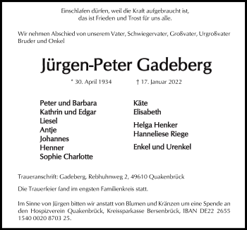 Traueranzeige von Jürgen-Peter Gadeberg von Neue Osnabrücker Zeitung GmbH & Co. KG
