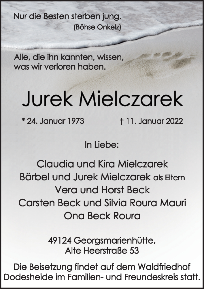  Traueranzeige für Jurek Mielczarek vom 22.01.2022 aus Neue Osnabrücker Zeitung GmbH & Co. KG