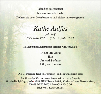 Traueranzeige von Käthe Aulfes von Neue Osnabrücker Zeitung GmbH & Co. KG