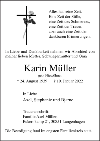 Traueranzeige von Karin Müller von Neue Osnabrücker Zeitung GmbH & Co. KG
