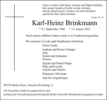 Traueranzeige von Karl-Heinz Brinkmann von Neue Osnabrücker Zeitung GmbH & Co. KG
