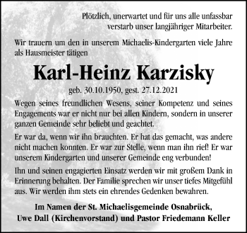 Traueranzeige von Karl-Heinz Karzisky von Neue Osnabrücker Zeitung GmbH & Co. KG