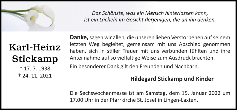  Traueranzeige für Karl-Heinz Stickamp vom 12.01.2022 aus Neue Osnabrücker Zeitung GmbH & Co. KG