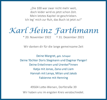 Traueranzeige von Karl Heinz Farthmann von Neue Osnabrücker Zeitung GmbH & Co. KG