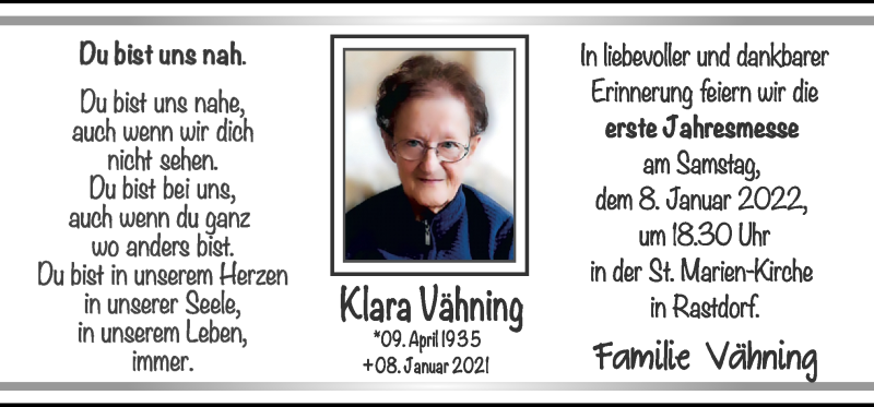  Traueranzeige für Klara Vähning vom 05.01.2022 aus Neue Osnabrücker Zeitung GmbH & Co. KG