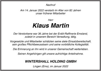 Traueranzeige von Klaus Martin von Neue Osnabrücker Zeitung GmbH & Co. KG