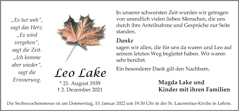  Traueranzeige für Leo Lake vom 08.01.2022 aus Neue Osnabrücker Zeitung GmbH & Co. KG