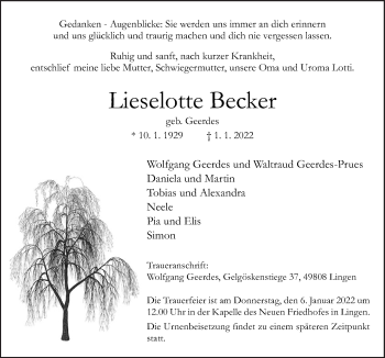 Traueranzeige von Lieselotte Becker von Neue Osnabrücker Zeitung GmbH & Co. KG